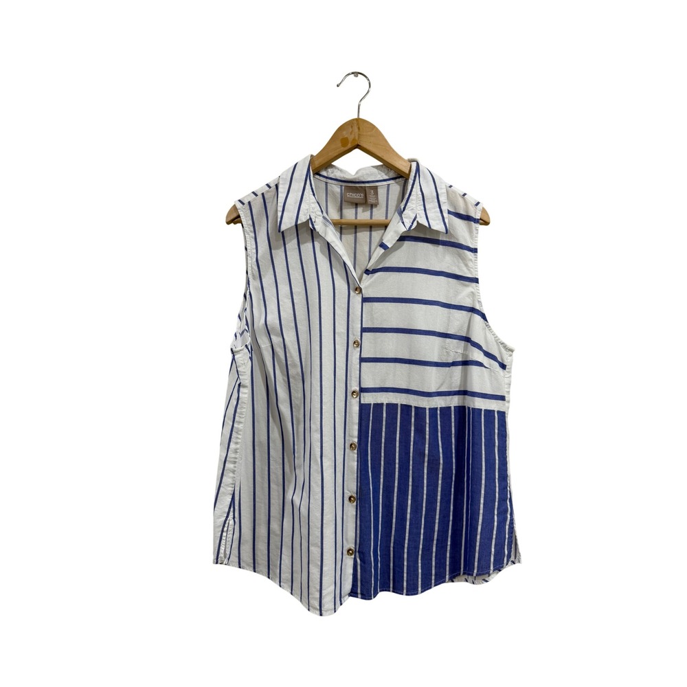 Chicos Blue White Mixed Stripe Sleeveless Button Down Cotton Top Size 3 XL